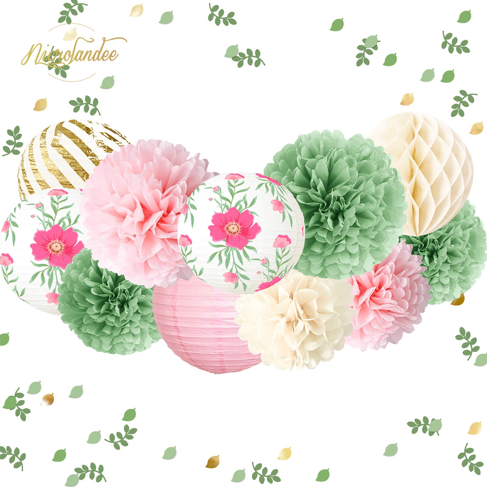 Nicrolandee 12Pcs Green Pink Blooms Tissue Pom Poms Paper Lantern 3D Gold Confetti 50G For Garden Birthday, Fairy Party, Butterf